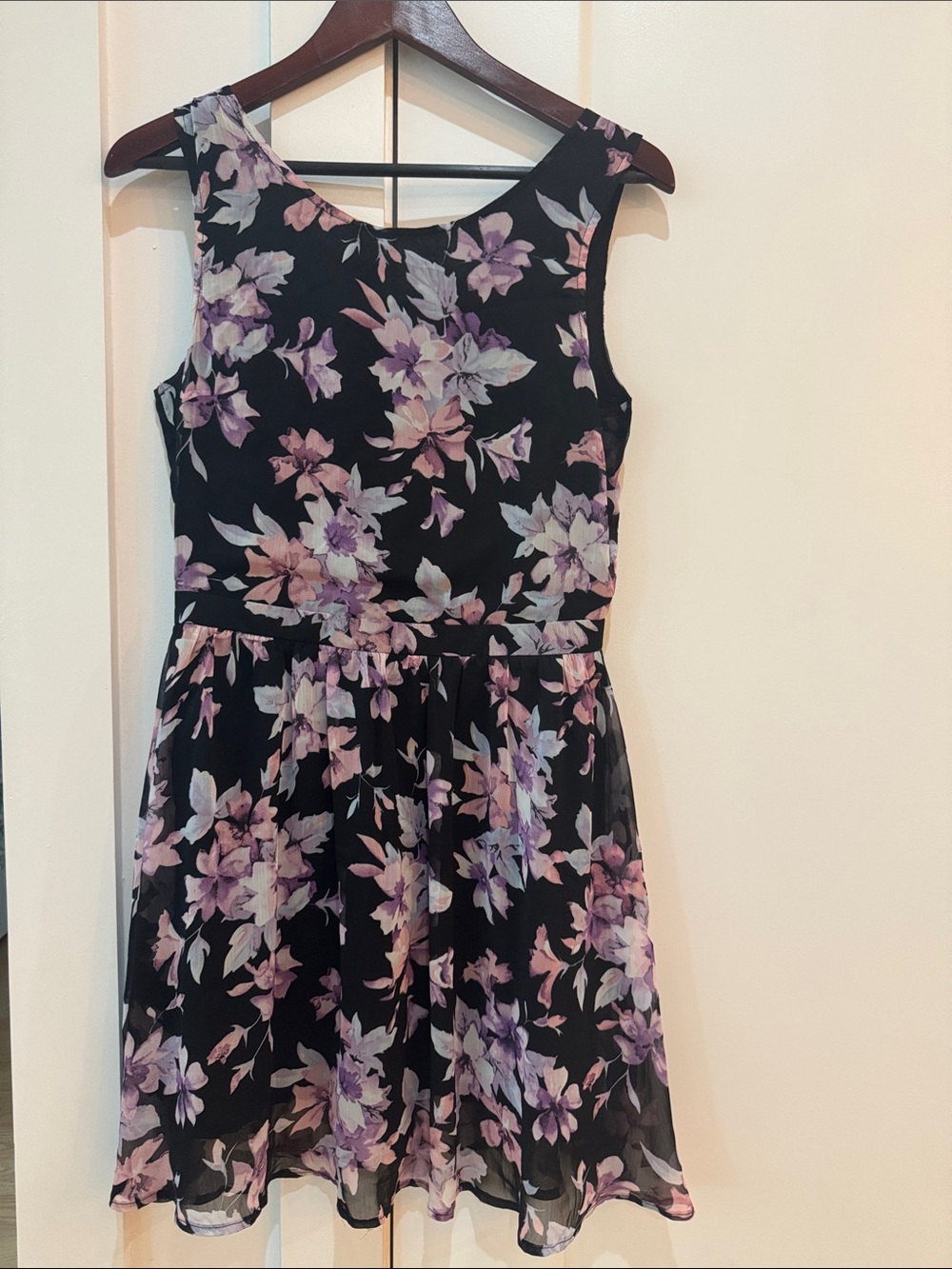 Black Floral Sleeveless Fit & Flare Mini Dress in Lavender and Pale Pink